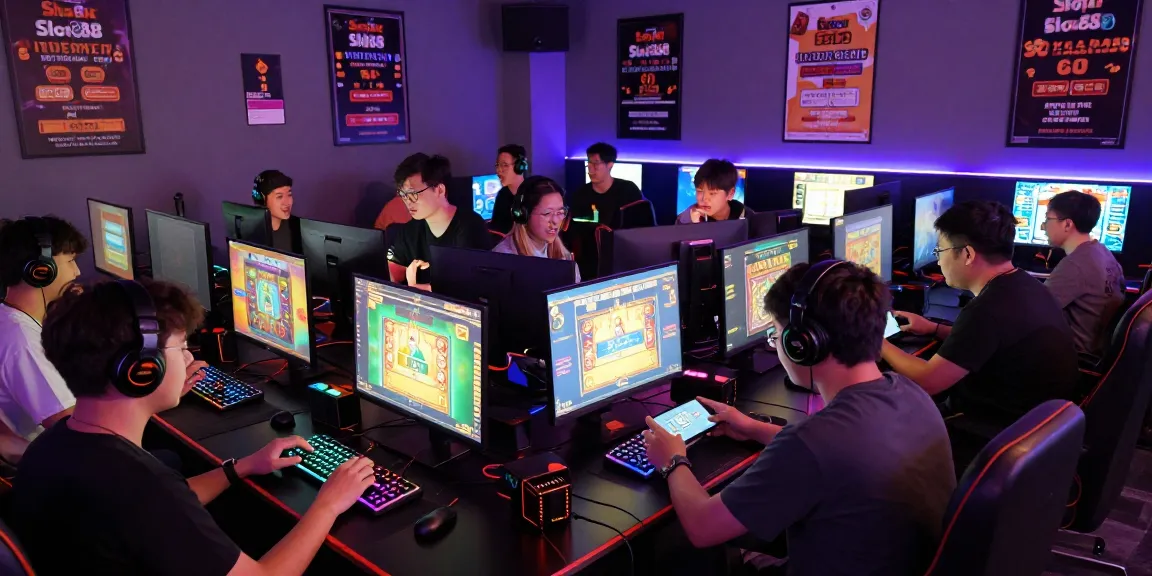 JURAGANBOLA players immersed in Slot88 gaming experience, vibrant neon atmosphere.