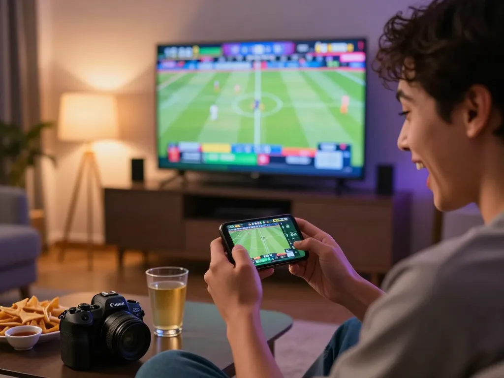 Excited sports bettor using 88CLUB app on smartphone for live betting during a game.