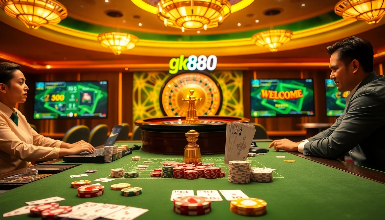 Gambling excitement at gk88 with vibrant casino tables and chips, enhancing user experience.
