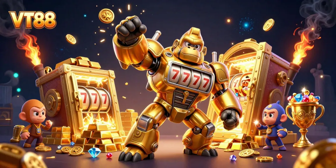 Watch VT88 unleash jackpot winning thrills with an explosive mech and gold treasures in a vibrant 3D casino scene.