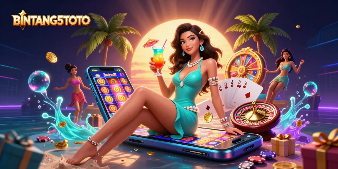 BINTANG5TOTO showcases a glamorous casino scene with an Asian woman, slot games, and vibrant gaming elements