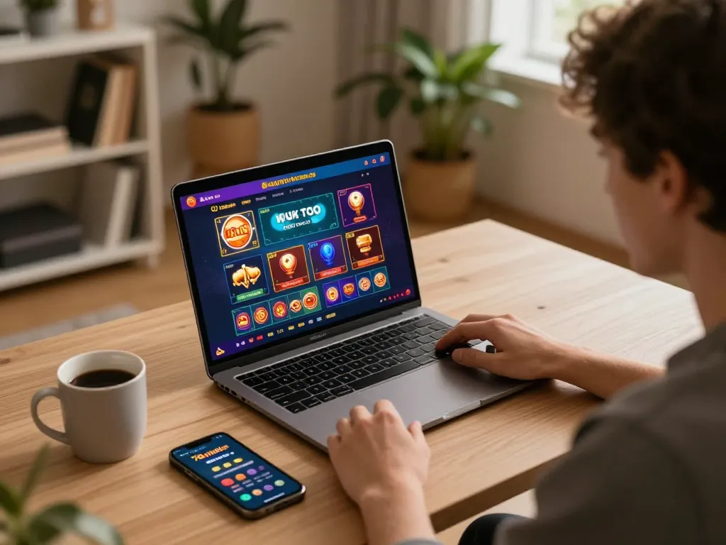 Engaged player exploring 78winbiz online casino interface on laptop, creating a cozy gaming atmosphere