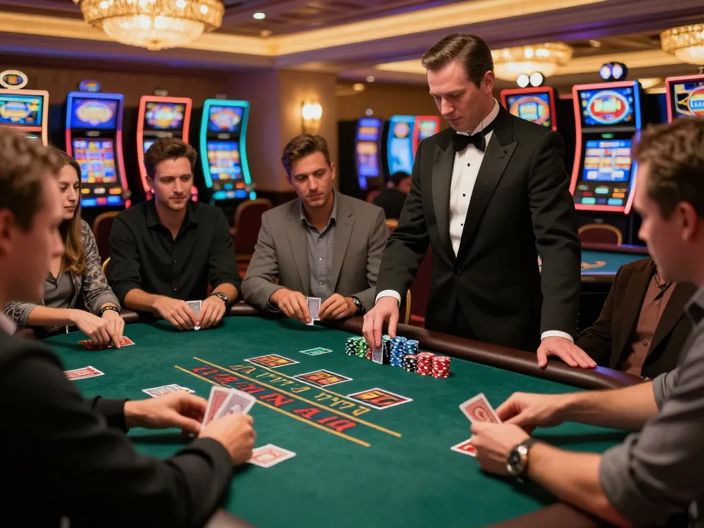 fly88 players strategizing at blackjack table in vibrant casino environment