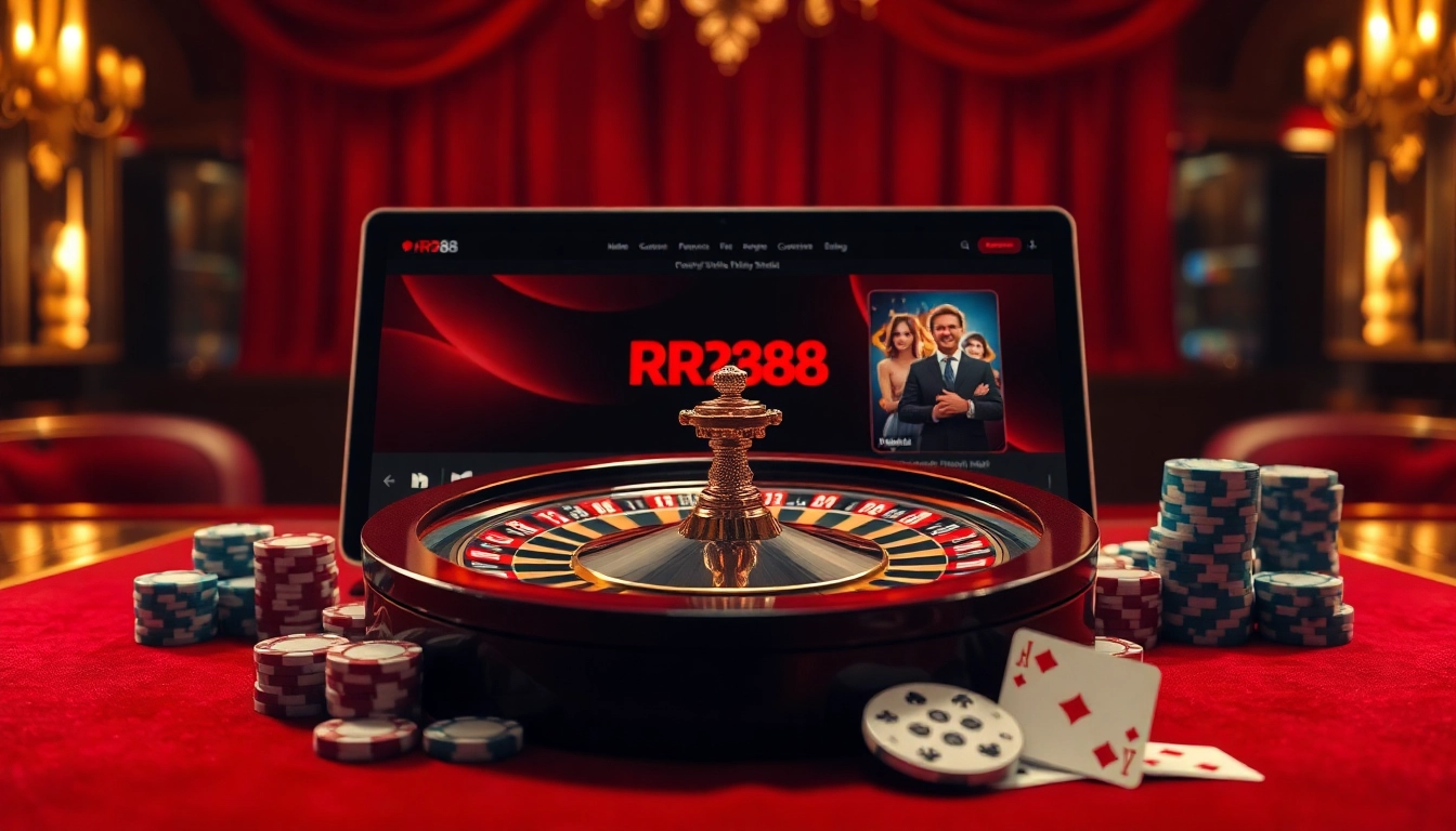 Experience the thrill of RR88 with a luxurious casino scene featuring roulette and poker elements.