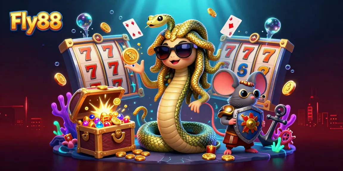 Spin the reels at Fly88 while enjoying a vibrant casino-themed 3D illustration featuring Medusa and a warrior mouse.