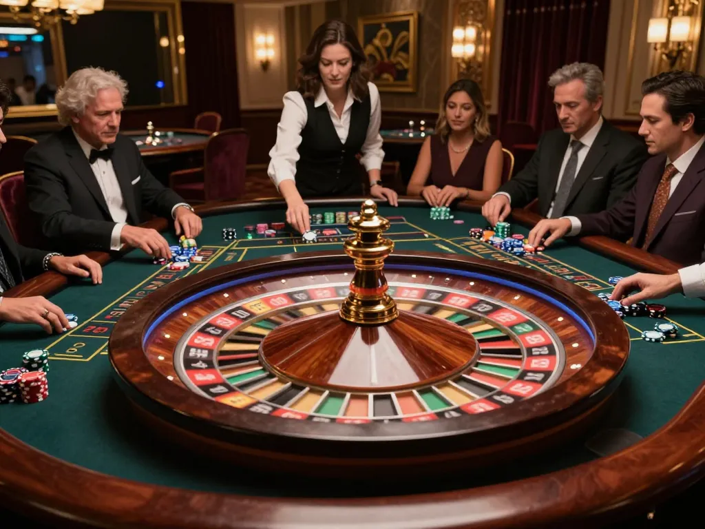 Players engaging at a roulette table, showcasing the excitement of OPEN88 casino gaming with live bets and vibrant ambiance.