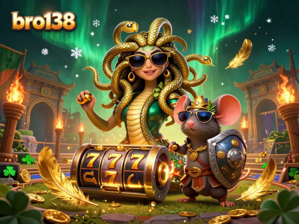 Experience thrilling gameplay with bro138's friendly Medusa and warrior mouse amidst vibrant slot machines and golden treasures.