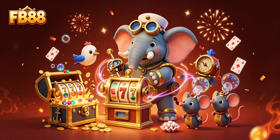 Spin the golden slot machine at FB88, featuring a steampunk elephant engineer and vibrant game elements.