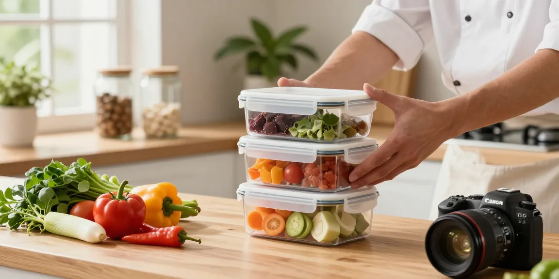 Airtight food storage containers on a wooden kitchen counter, highlighting freshness and organization during meal prep.