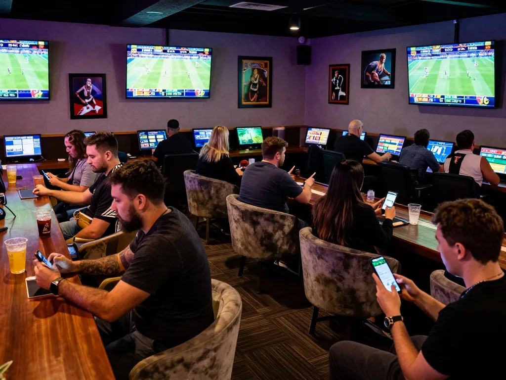 Aplikasi SBOBET yang ditampilkan di smartphone saat terlibat dalam taruhan olahraga di lounge yang hidup