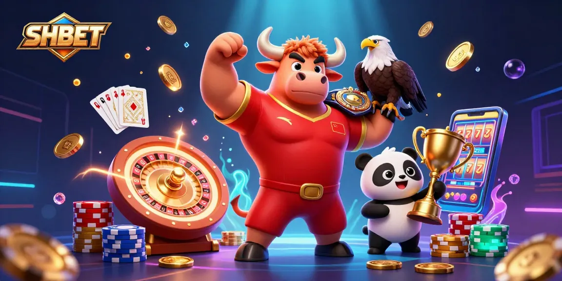 Experience the thrill of SHBET's dynamic 3D casino scene featuring a triumphant bull mascot, eagle, and panda.