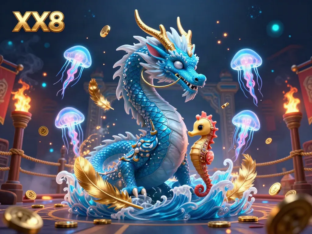 Engage in a vibrant casino scene featuring the majestic XX8 azure water dragon and seahorse knight amidst floating jellyfish, symbolizing thrilling bets.