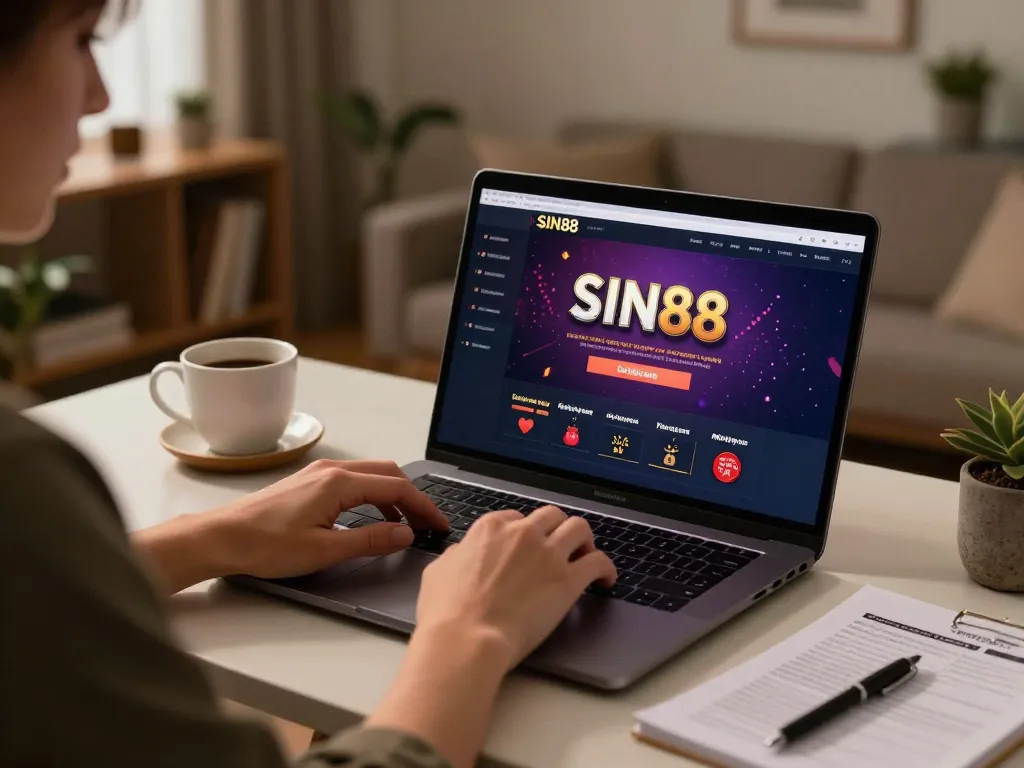 Engaging in online betting strategies with SIN88 on a laptop in a cozy home environment