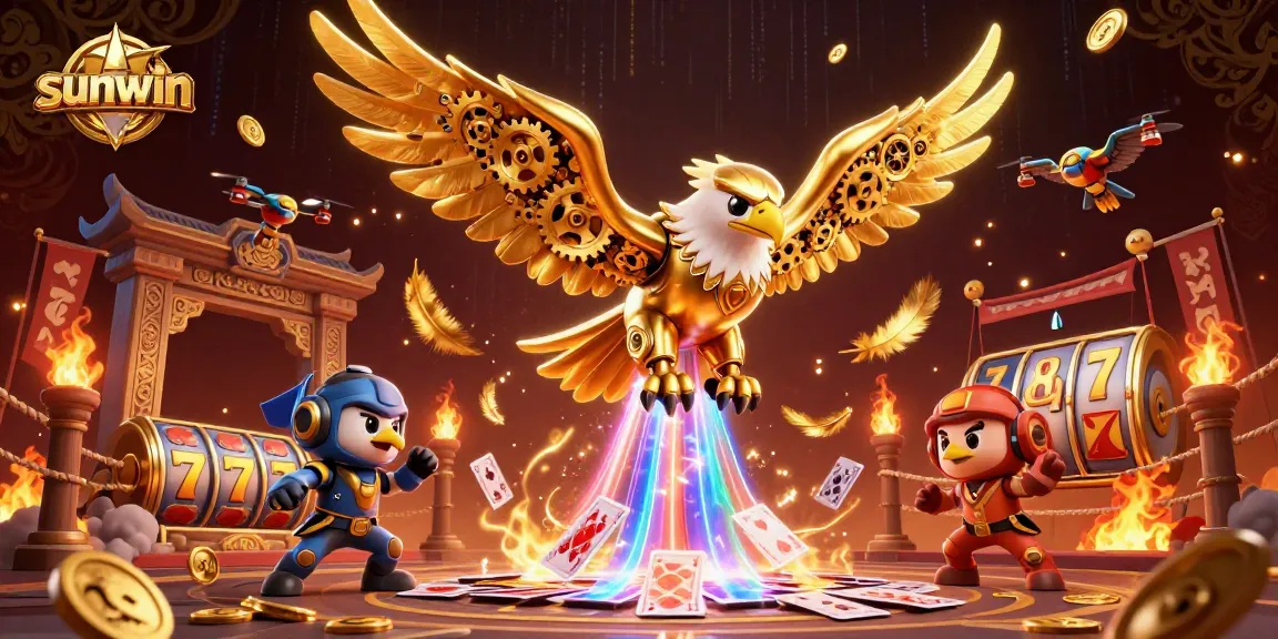 Engage in thrilling gaming with sunwin, showcasing a dazzling cybernetic eagle and dynamic slot elements.