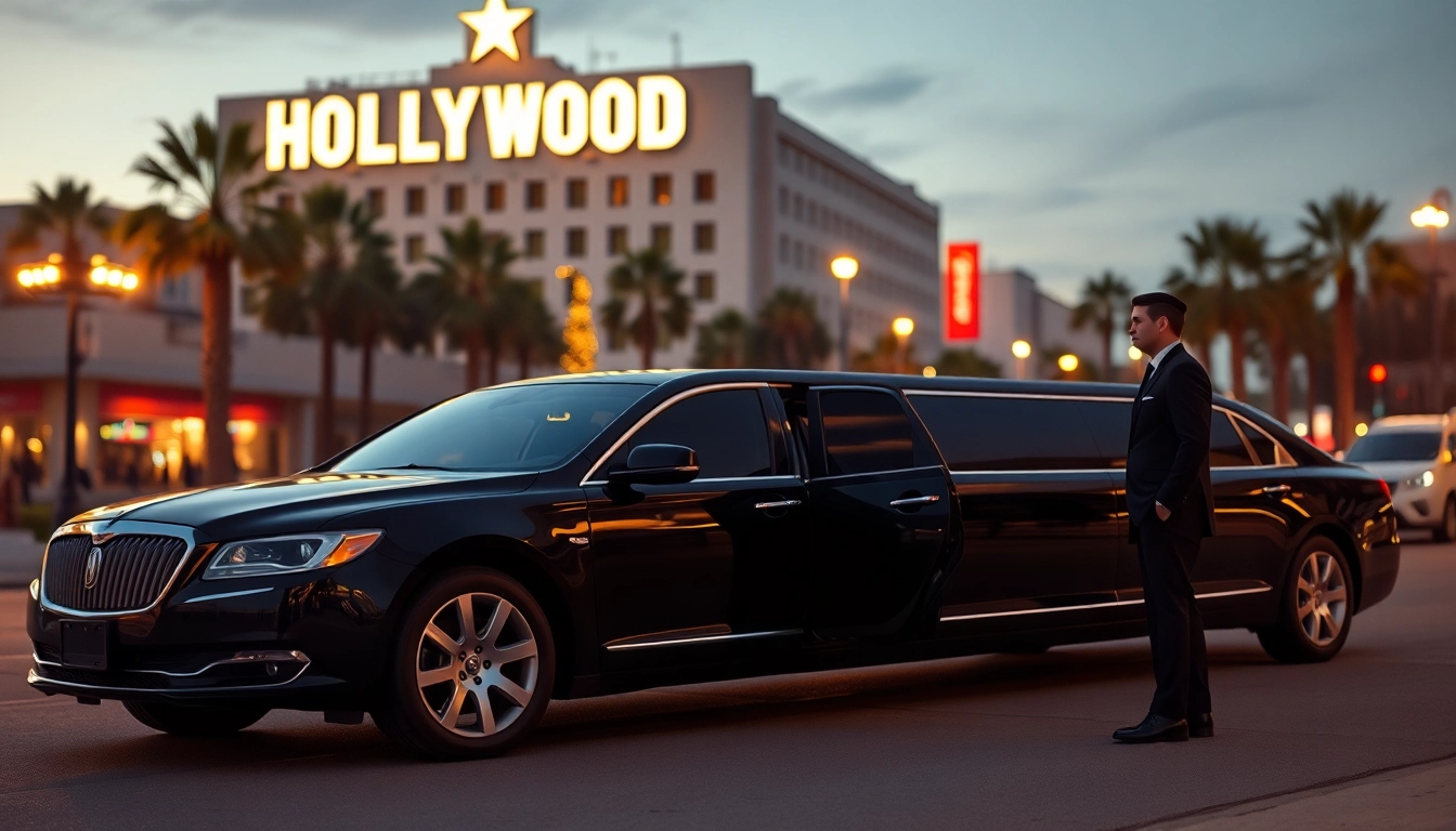 Hollywood Town Car and Limousine service featuring a luxury stretch limousine with a professional chauffeur in front of a Hollywood landmark.