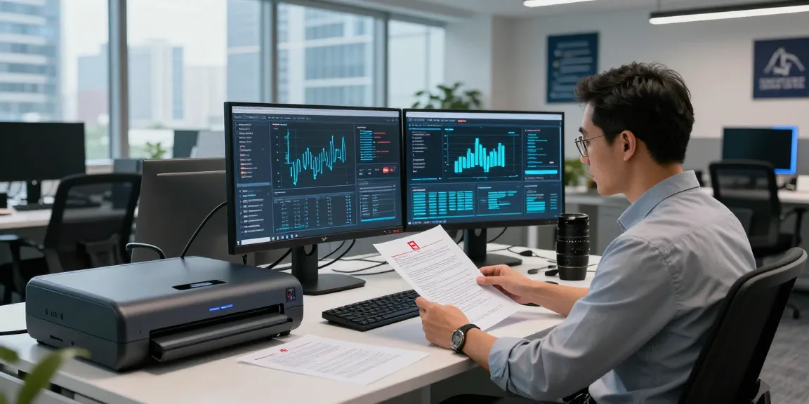 Professional document fraud detection scene with an analyst reviewing legal documents and security metrics in a high-tech office.