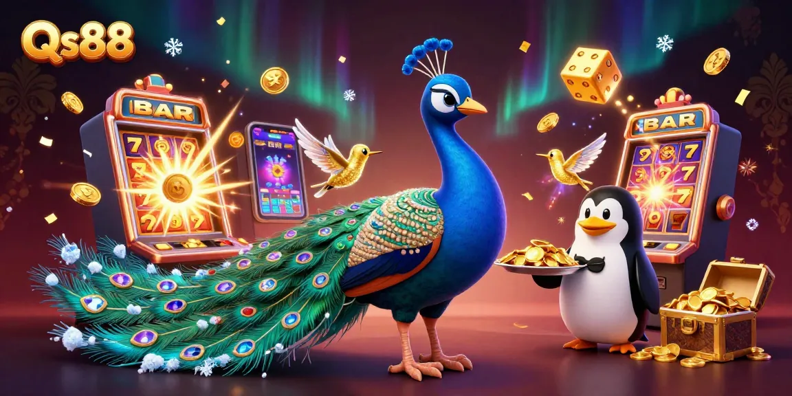Win big at Qs88 with a vibrant casino scene featuring a peacock, penguin, and dynamic game elements.