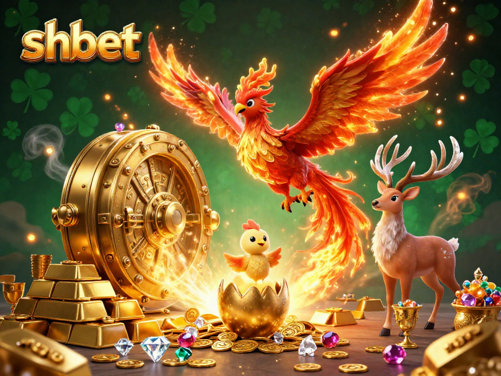 Experience the excitement of shbet with a vibrant, detailed scene featuring a golden phoenix and treasures.