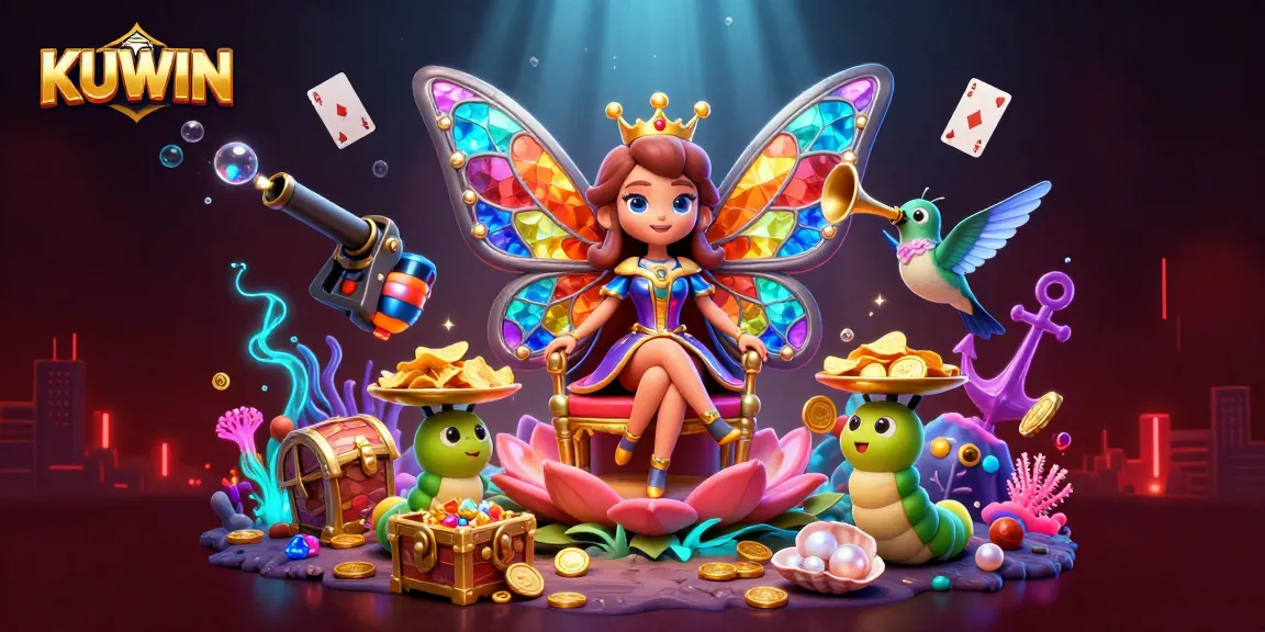 Engage with KUWIN's vibrant 3D casino adventure featuring a butterfly queen and treasure-filled underwater scene.