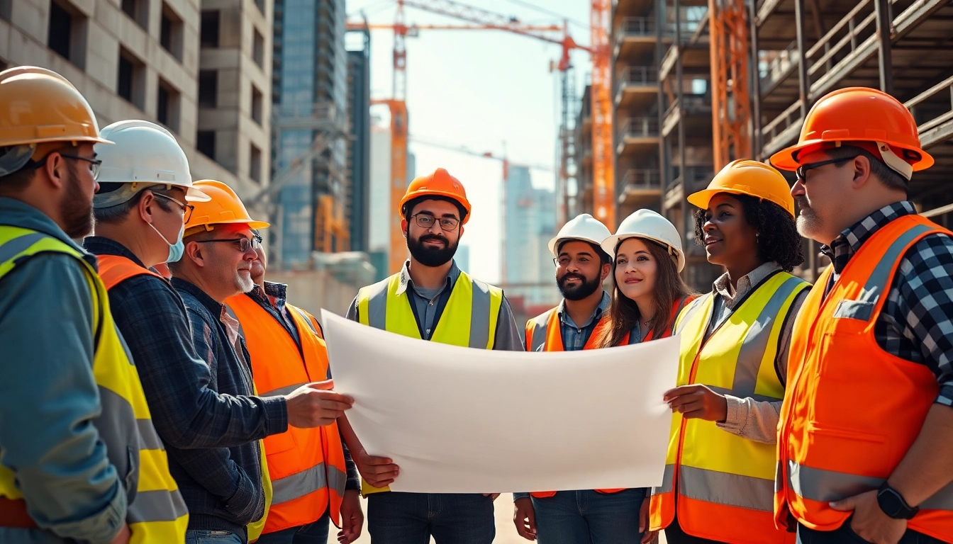 Construction advocacy collaboration among diverse workers discussing plans on a job site.