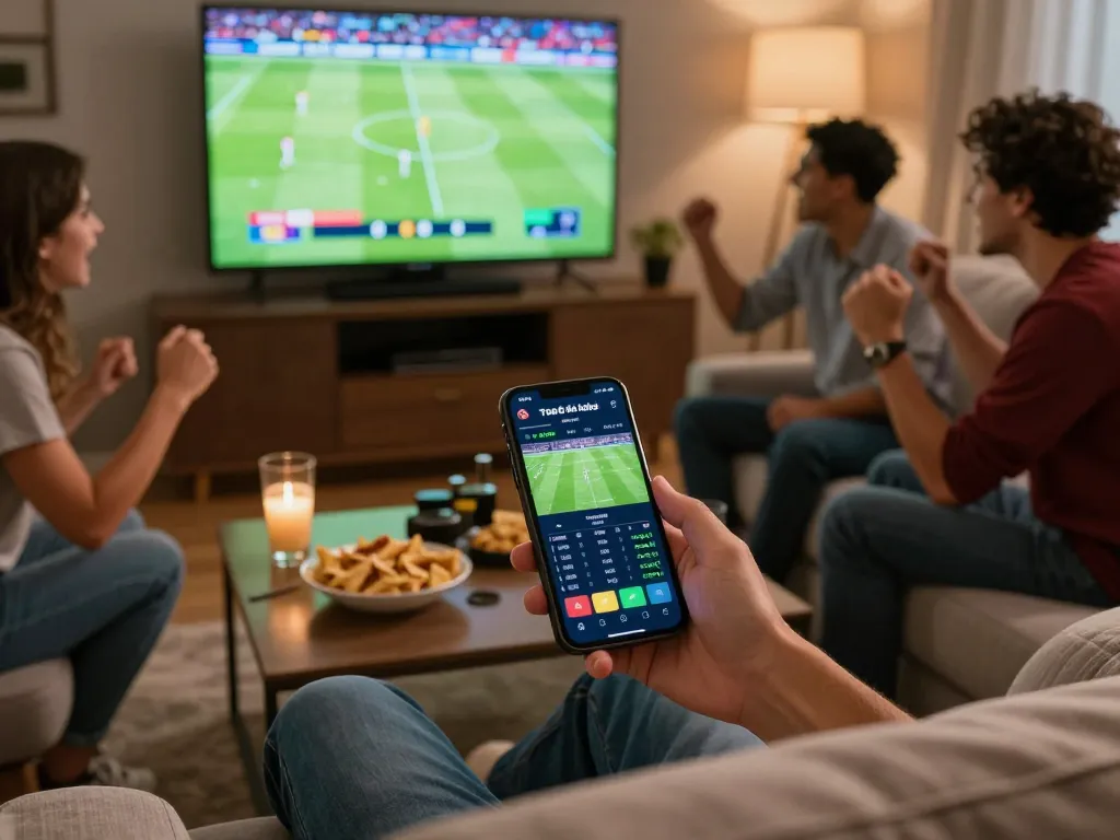 Engaging in trực tiếp đá bóng betting during a live football match with smartphone and snacks.