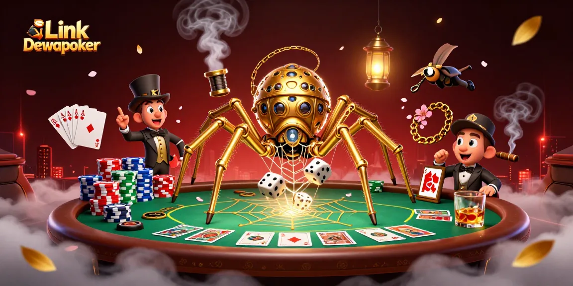 Engage with Link Dewapoker through this vibrant 3D illustration of a steampunk spider and poker scene.