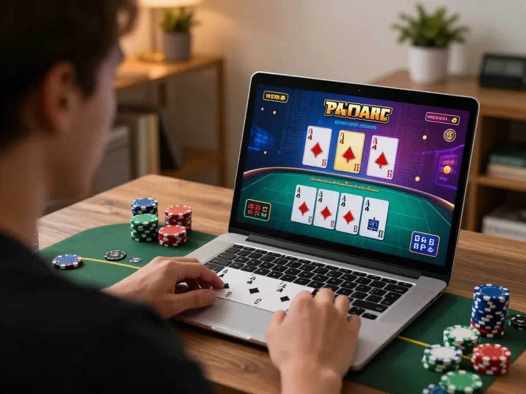 Player enjoying blackjack on a laptop while strategizing bankroll management at xo88 in a cozy home setting