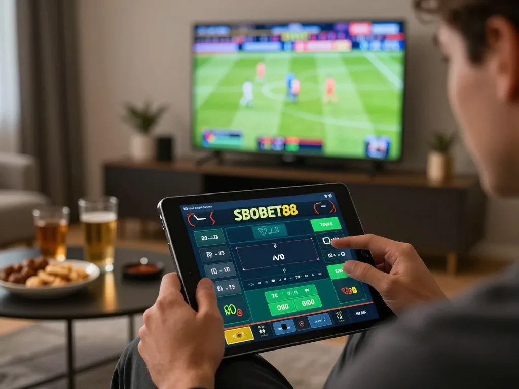 Aplikasi SBOBET88 terbuka di tablet saat memasang taruhan olahraga dalam pengaturan rumah yang stylish.