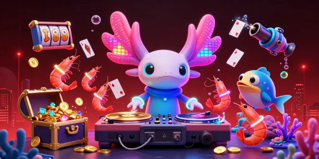 Join the lively tx88 underwater casino with a neon axolotl DJ, vibrant game elements, and glowing treasures.