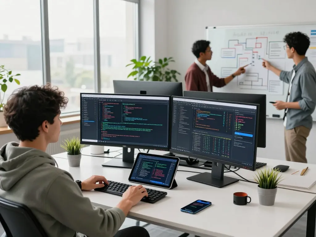 Developer at Techsslaash com collaborating in a vibrant office with coding displays and innovative designs.