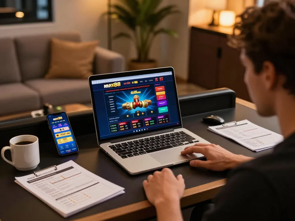 Engaging in max88 online casino gameplay on a laptop while studying betting strategies.