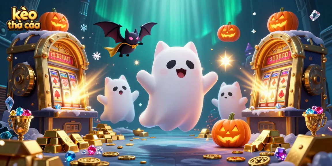 Experience kèo nhà cái with a ghostly cat and treasures in a haunted casino scene