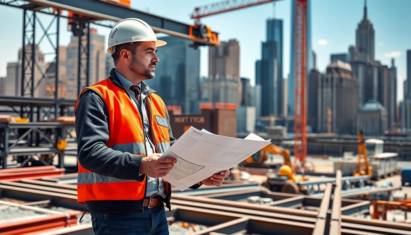 New York Construction Manager evaluating a busy construction site with blueprints.