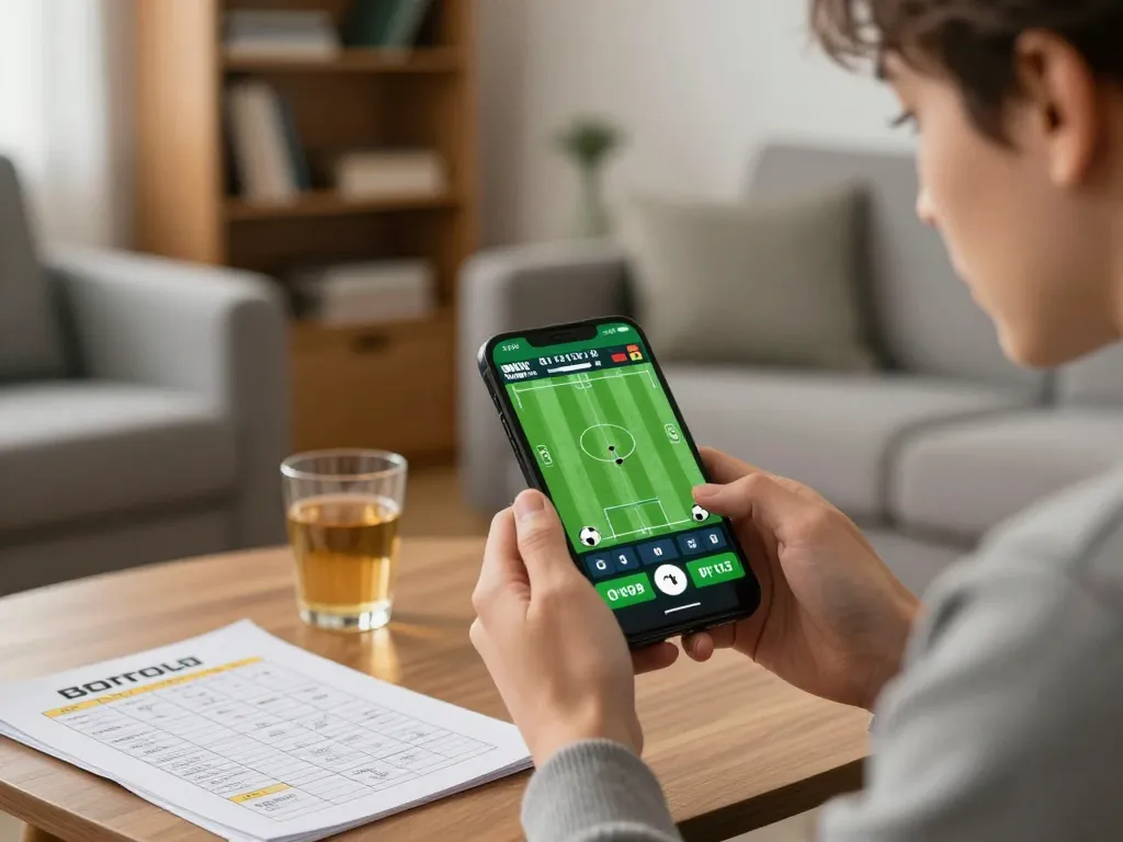 Sbobet user actively placing a bet on sports from their smartphone in a cozy home setting.