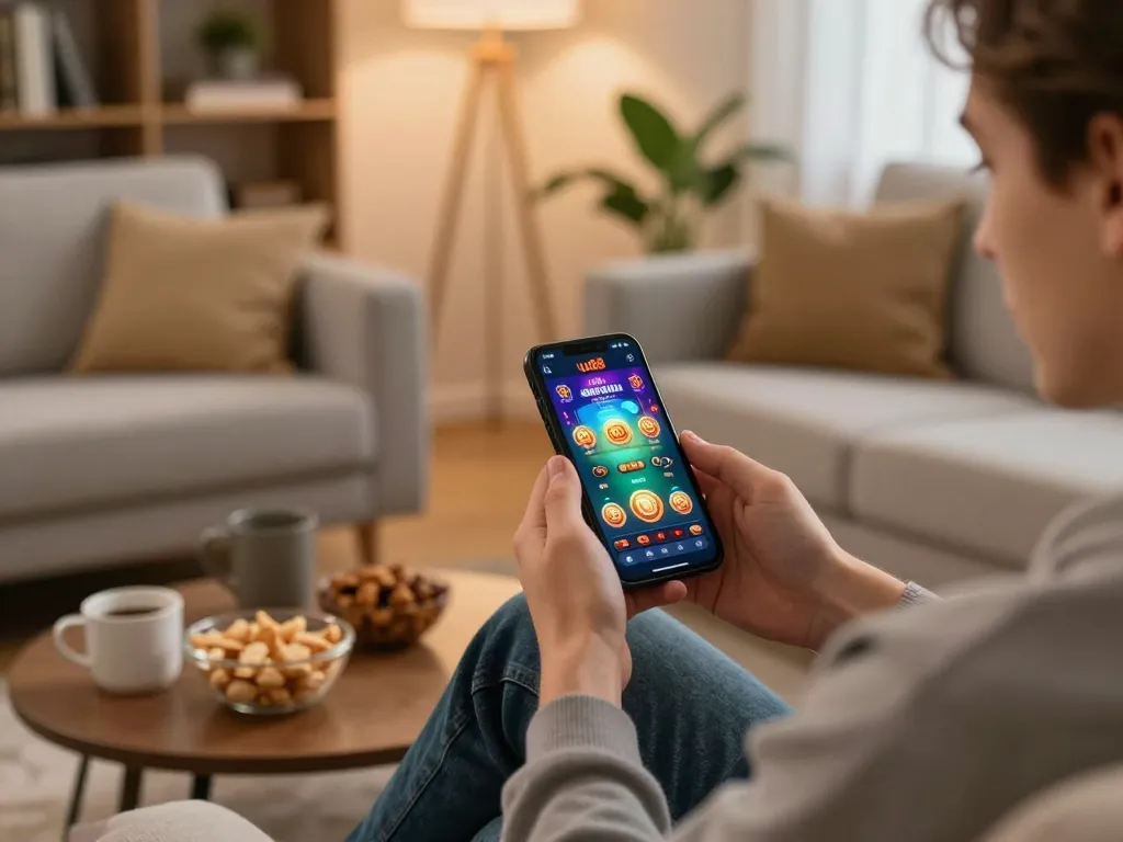 Player engaging with the uu88 casino app on smartphone in a cozy home setting.