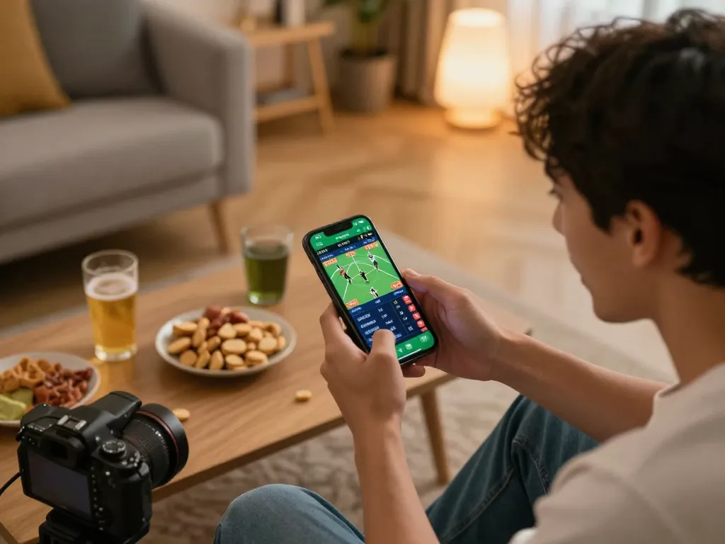 Player analyzing sports odds on LODE88 app during an exciting home betting session.