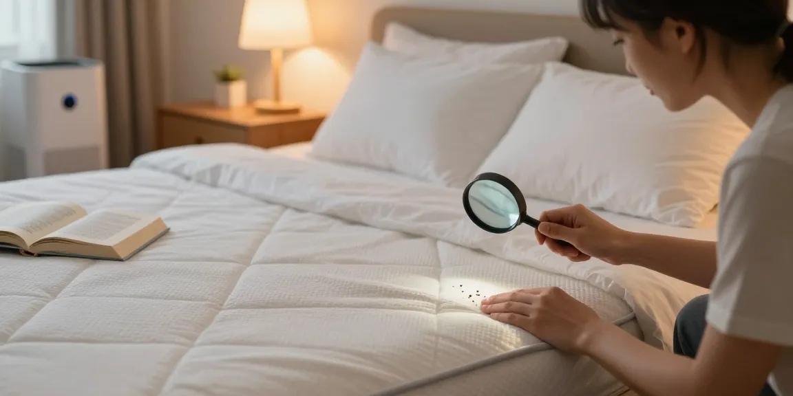 Bed bug exterminator inspecting mattress seams for signs in a cozy bedroom.
