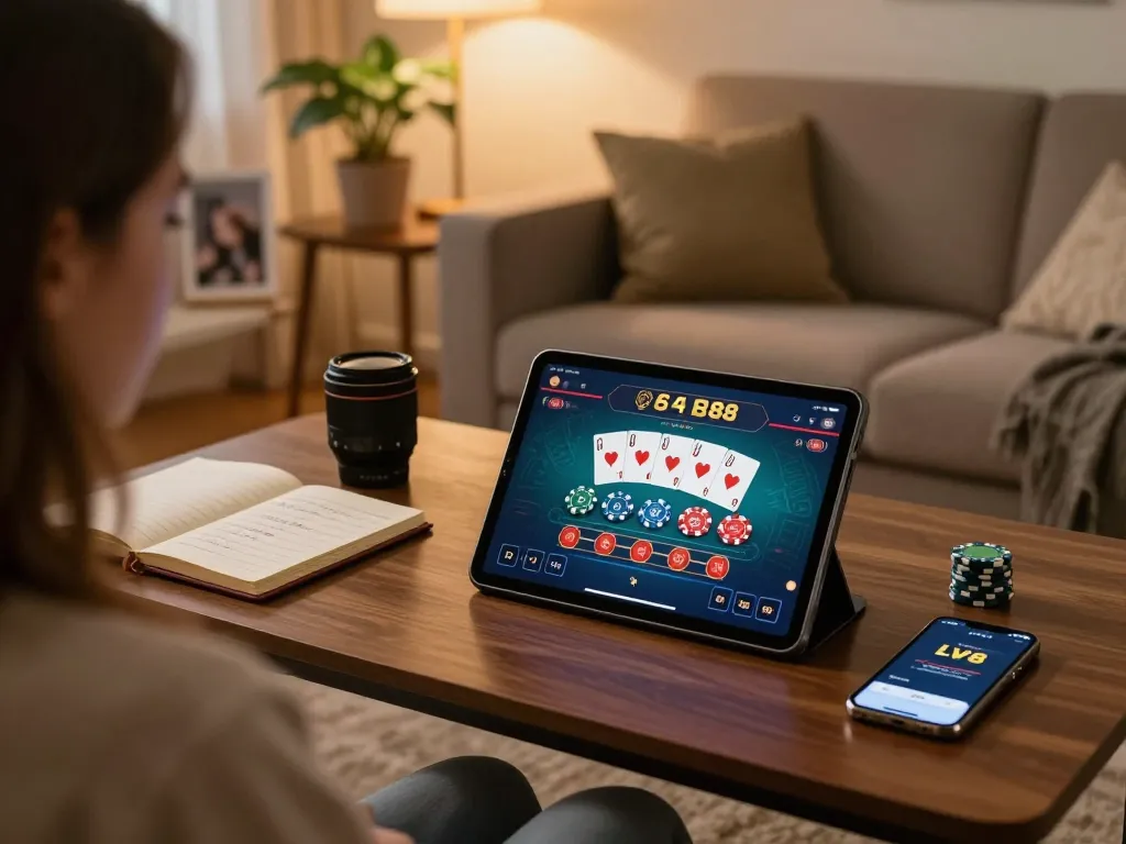 Engaged user exploring the LV88 bet online casino gameplay on a tablet in a cozy home.