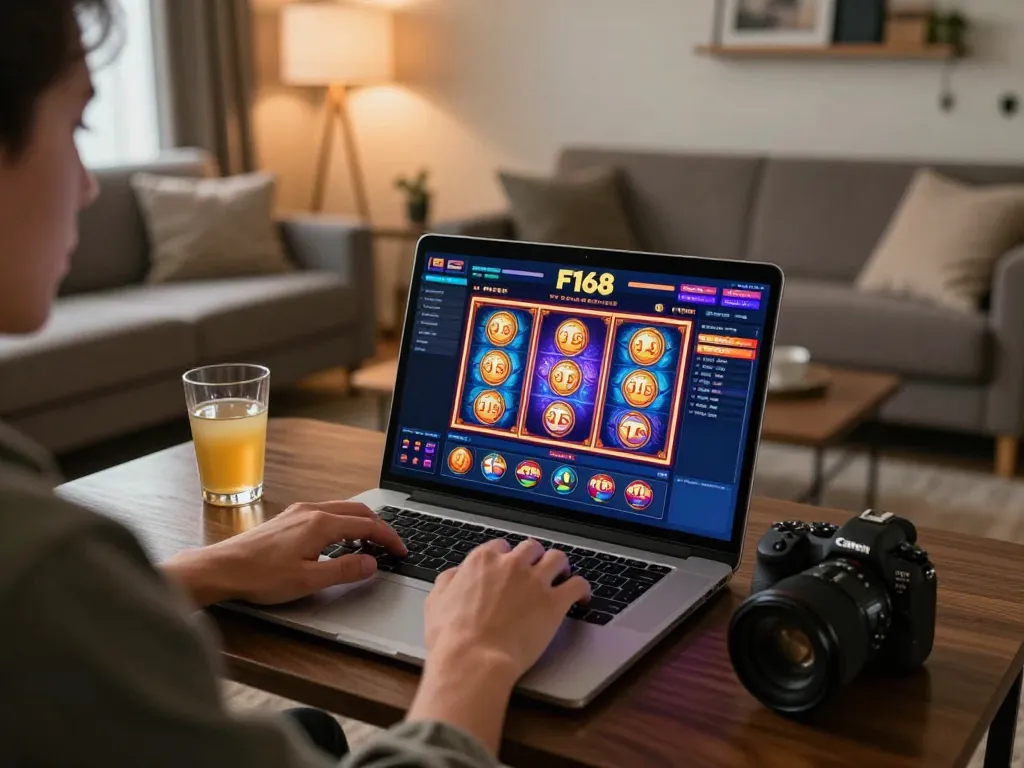 Player enjoying vibrant F168 online games on a laptop in a cozy home environment.