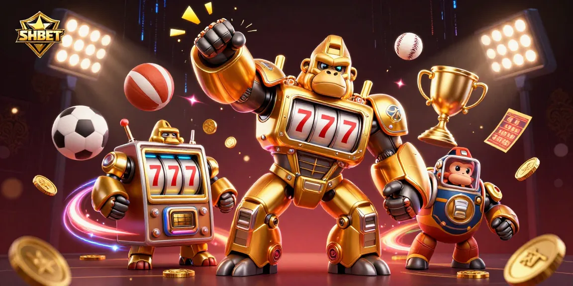 Engage with SHBET's thrilling online gaming atmosphere showcasing a dynamic gorilla mech and lively sports elements.