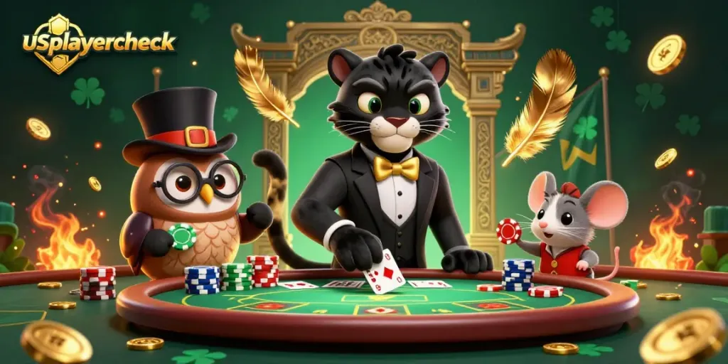 usplayercheck showcases a stylish panther dealing cards surrounded by lucky symbols and casino elements.