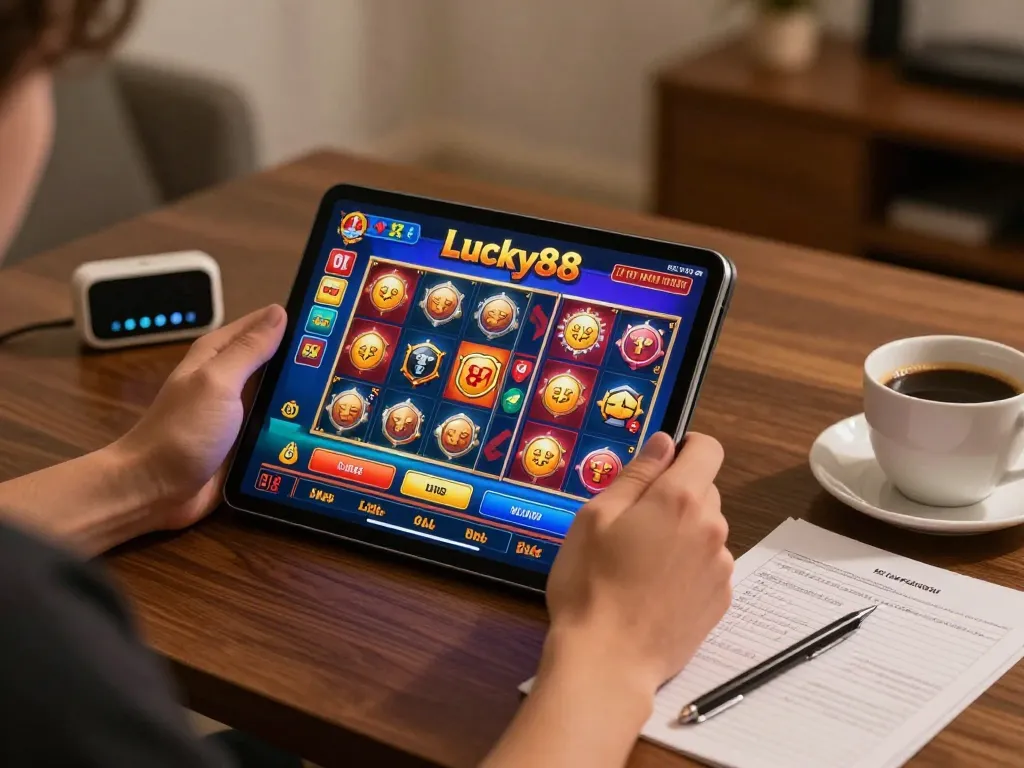 Play Lucky88 online casino games on a tablet while enjoying a cozy home environment.
