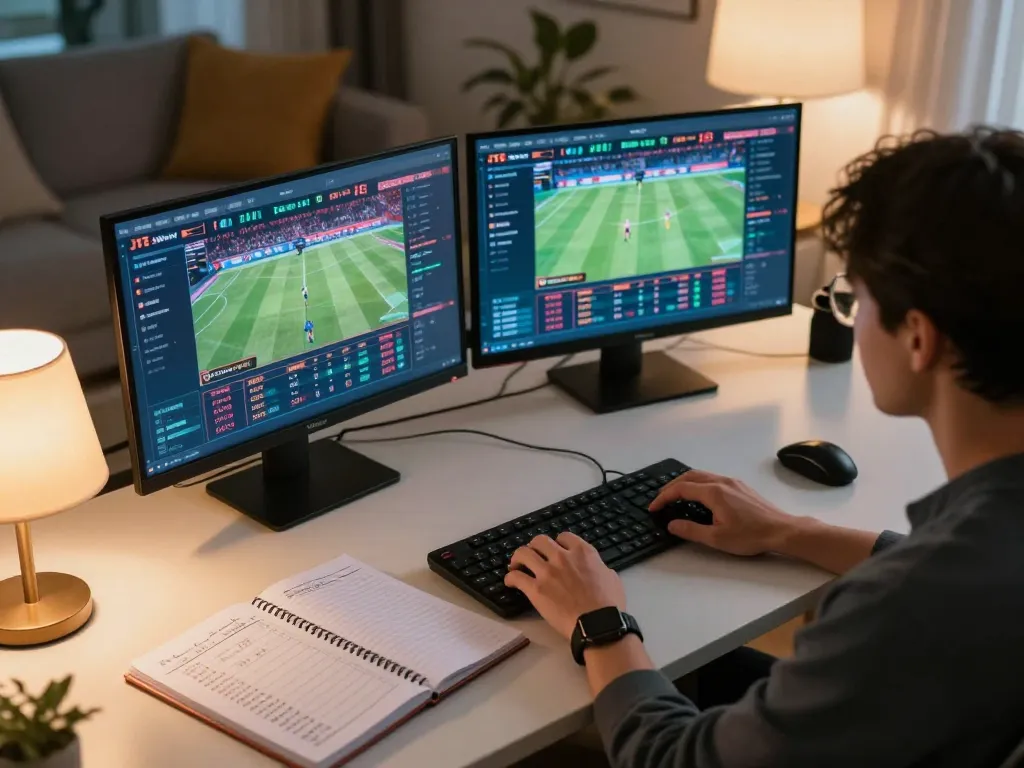 Experience exhilarating sports betting with J188 on multiple screens in a cozy home office setup.