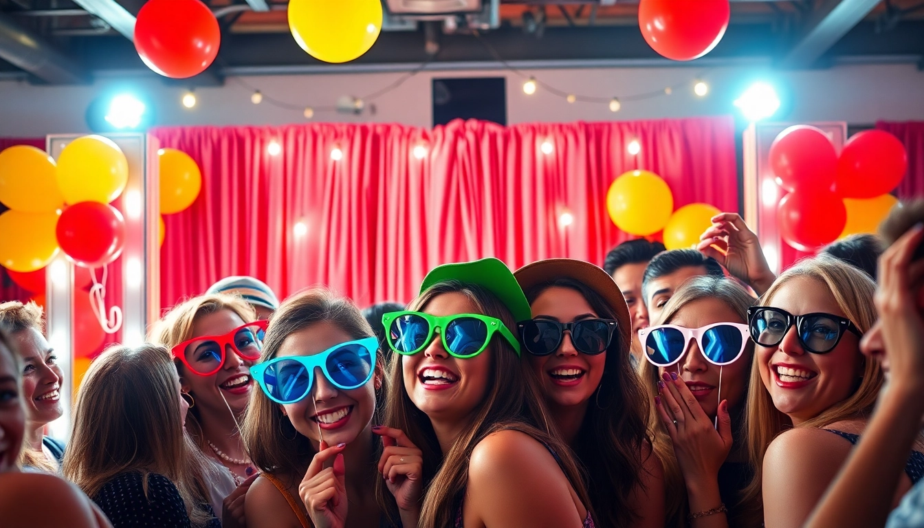 Guests enjoying a fun photo booth rental experience with props at a festive event.