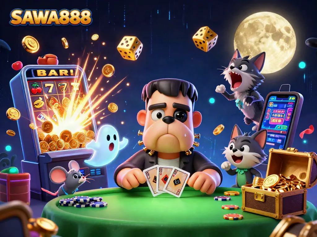 Engage with SAWA888's thrilling casino scene featuring fun characters and vibrant gaming elements.