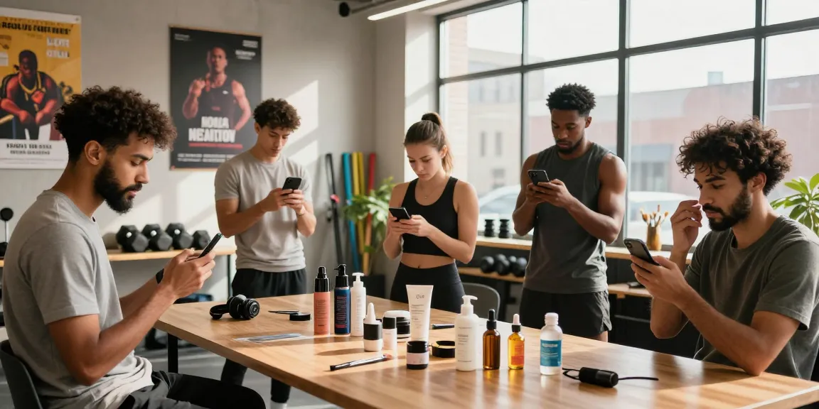Group of men engaged in looksmaxxing activities in a modern urban space.