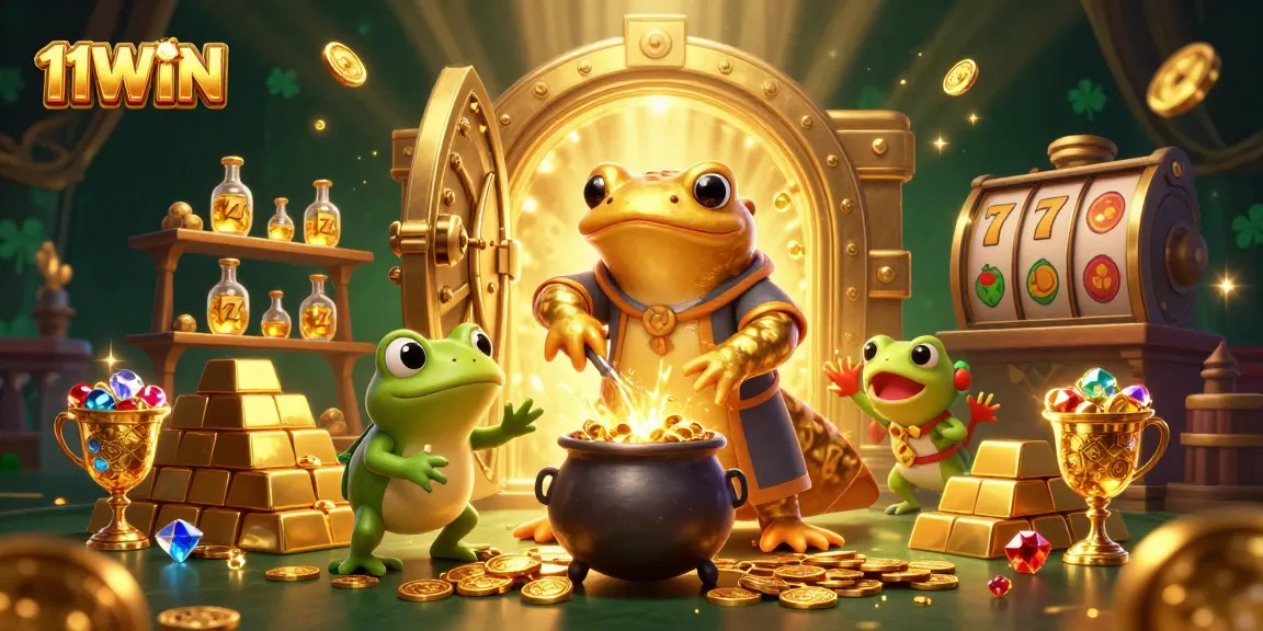 11WIN attracts players with a lively scene of gold coins and jackpots, showcasing a vibrant casino atmosphere.