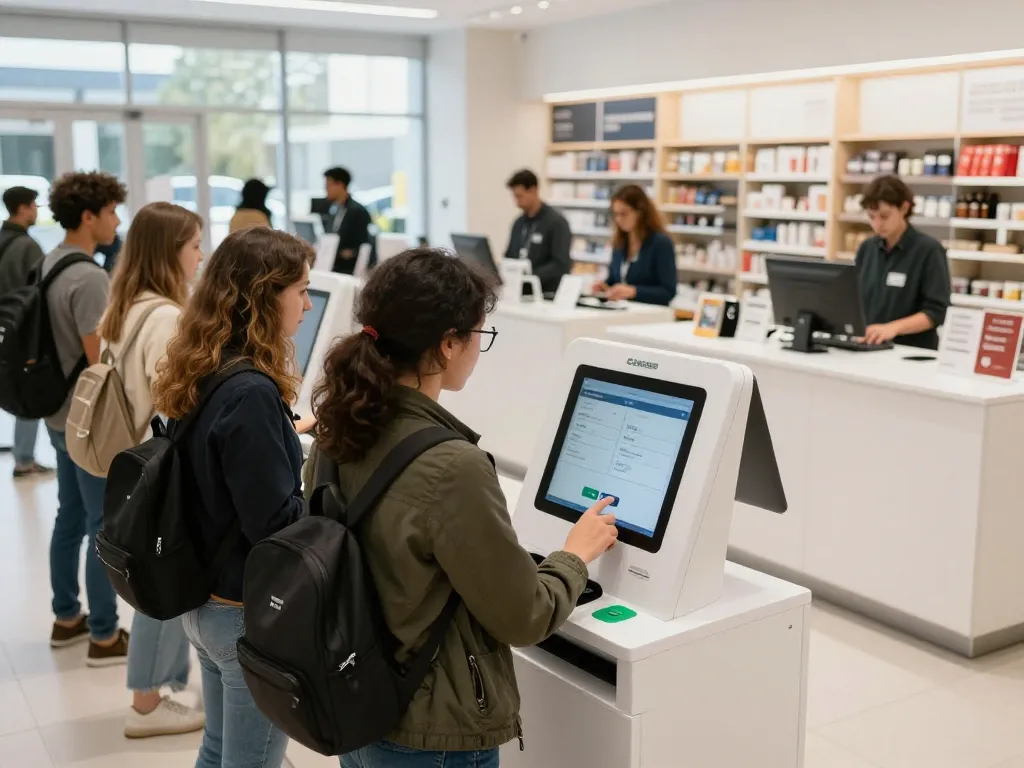 A busy retail scene showcasing a queue management system in action, enhancing customer experience by reducing wait times.
