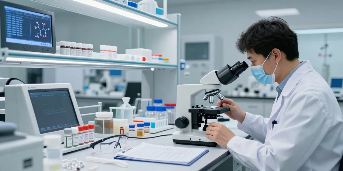 Peptides research in a modern lab with scientists analyzing pharmaceutical-grade vials.