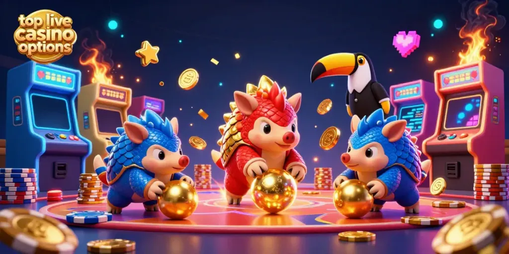Engaging illustration showcasing top live casino options with vibrant pangolins and casino elements.